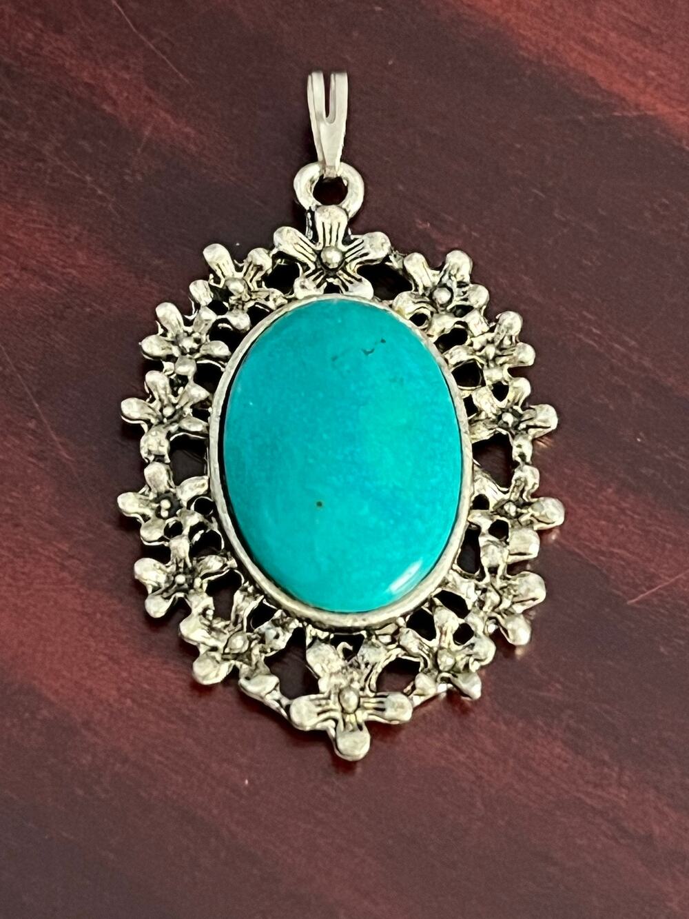 Floral Silver Toned Turquoise Necklace Pendant Boho Western Rodeo